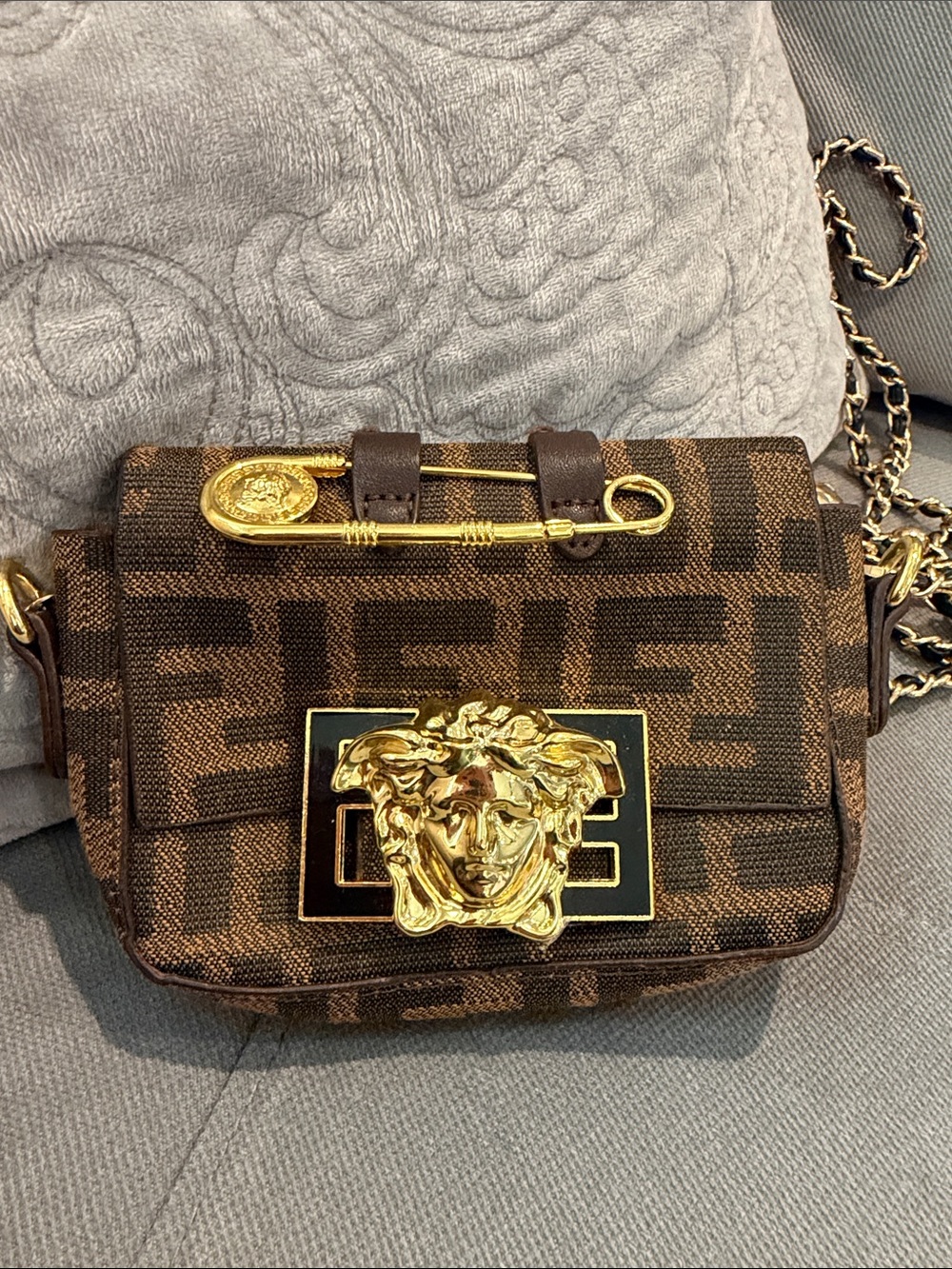 Versace Brown FF Jacquard Shoulder Bag with Gold Medusa Hardware